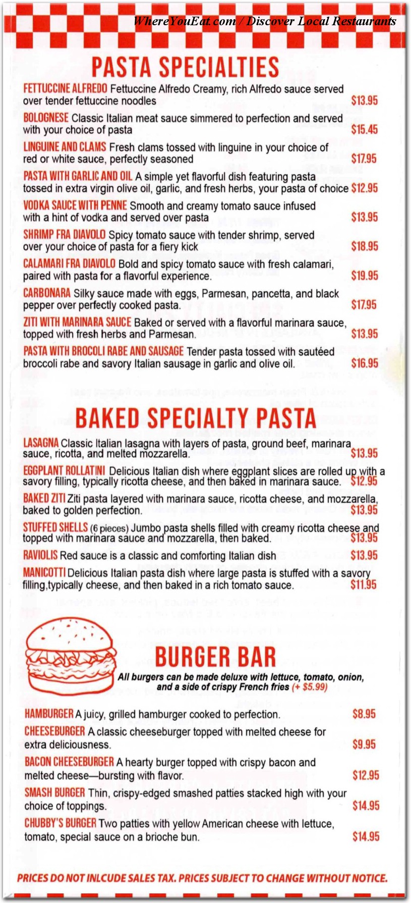 Chubby's Pizza of Brooklyn Menu