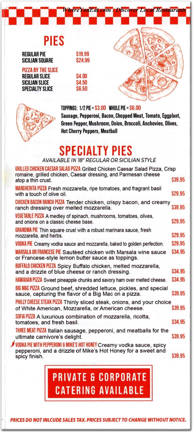 Chubby's Pizza of Brooklyn Menu